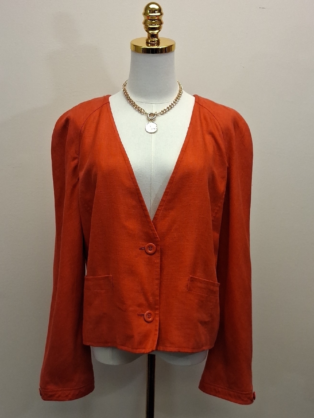 Orange Linen Blend V-Neck Button Jacket Lightweight Boho Layer Size 12